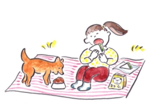 犬と一緒にごはんを食べているイラスト