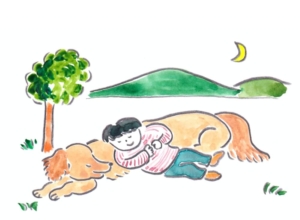 犬と人が一緒に寝ているイラスト