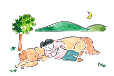 犬と人が一緒に寝ているイラスト