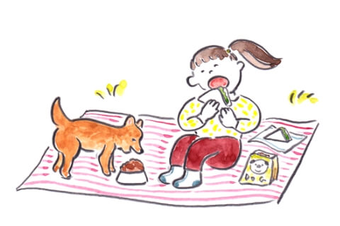 犬と一緒にごはんを食べているイラスト