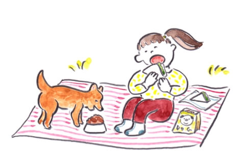 犬と一緒にご飯を食べているイラスト