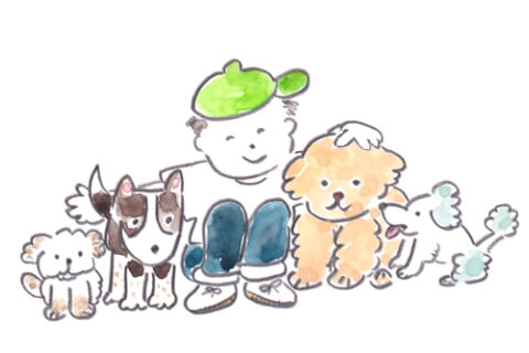 ４匹の犬と人のイラスト